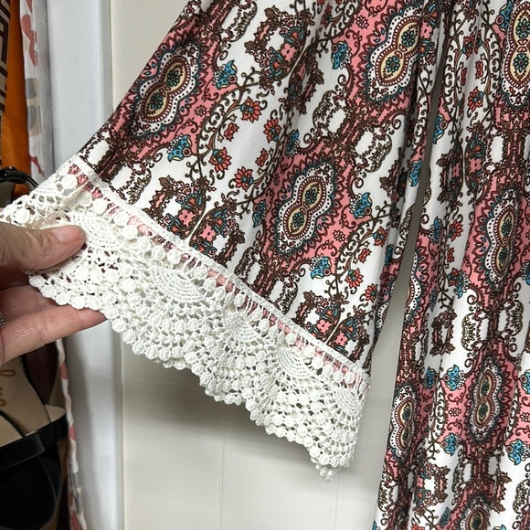 Allison Brittney Pink and Blue Sheath Midi Dress 3/4 Embroidered Sleeves - Picture 3 of 9